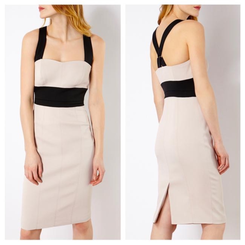 Karen Millen Beige Black Cross Over Pencil Dress